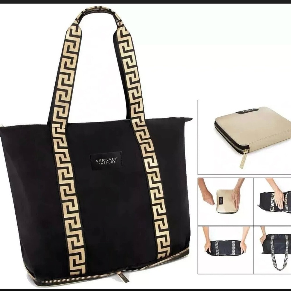 Versace Parfums Black Tote with Gold-Patterned Straps NWT